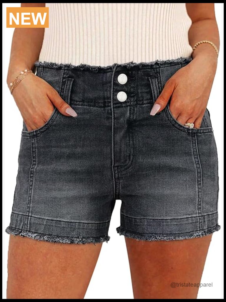 Mid Rise Straight Leg Raw Hem Denim Shorts Stretchy Tummy Control